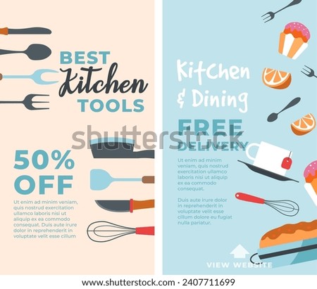 Dining and kitchens tools with free delivery, half price off for products in shop and store. Utensils and cookware, knife and spoon, spatula and whisk, cup and serving plate. Vector in flat style