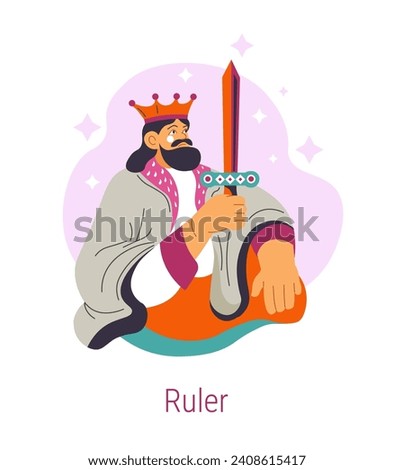 Ruler Jungian archetype, isolated male personage wearing crown, king with sword. Psychological traits of responsibility, and taking care of life of others. Vector in flat styles illustration