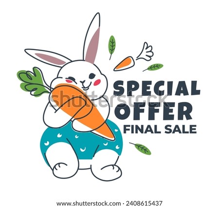 Shops and stores promotional banner for clients and customers with rabbit hugging carrot with leaves. Special offers and discounts, final sale. Reduction of price and cost. Vector in flat style