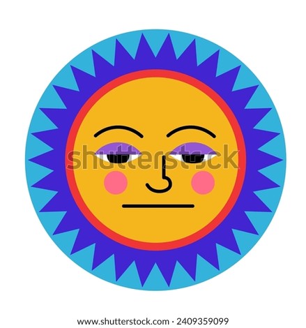 Sun embodiment of indifference in the sky. Sunny character with neutral facial expression. Isolated personage with gazed dully eyes and boredom and disinterest expressing. Vector in flat style