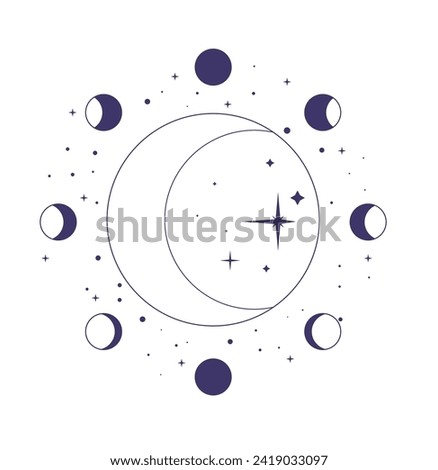 Bohemian minimalist mystic symbol, isolated phases of moon with stars and constellations. Crescent and full, first and last quarter. Simple icon for mystic and spiritual composition. Vector in flat 