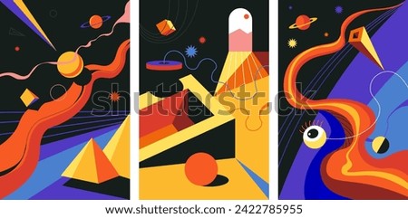Surrealistic picture set with geometric and celestial bodies, all seeing eye and door to unknown. Gateway to new dimensions and realms. Boundaries between reality and fantastical. Vector in flat style