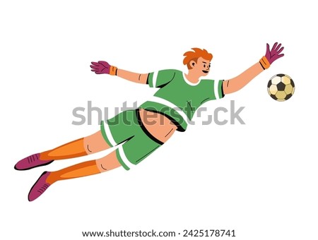 Football player wearing uniforms and gloves. Isolated goalie trying to catch ball. Footballer of last line of defense with quick reflexes to prevent goals. Goalkeeper in action. Vector in flat style