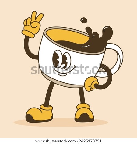 Mug character with smiling and pleased face showing peace or victory sign with fingers pointing up. Emoji with positive expression. Cup filled with coffee or chocolate beverage. Vector in flat style