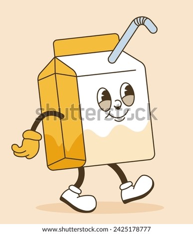 Emoticon with positive facial expression, hands and legs. Childish drawing or paper craft, smiling sticker in form of tetra pak packaging with straw. Mascot cartoon personage. Vector in flat style