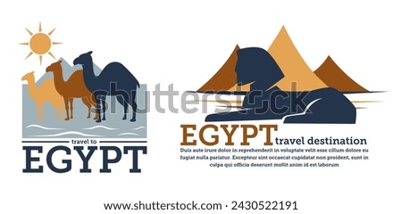 Culture, historical memorials and architectural wonders in African country. Egypt travel destination. Promotional banners or labels with pyramids, sphinx monument and camels. Vector in flat style