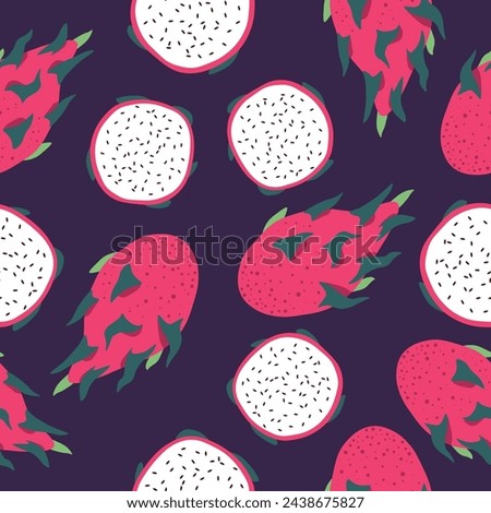 Exotic and tropical pitaya, whole and cut. Dragon fruit with seeds and leaves. Desserts, beverages and smoothies ingredient. Seamless pattern, wallpaper print or background. Vector in flat style