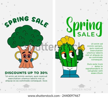 Cactus-themed spring sale ad, playful vector, white background.
