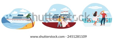 Vector series of cruise ship vacation scenes, flat design, isolated on white.