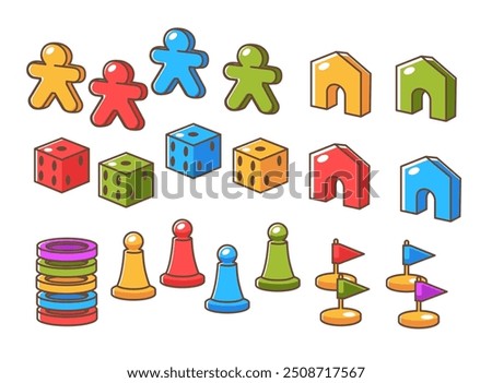 A vector illustration set of board game tokens and pieces, featuring colorful meeples, dice, and other game elements, isolated on a white background. Ideal for game-related designs and projects.