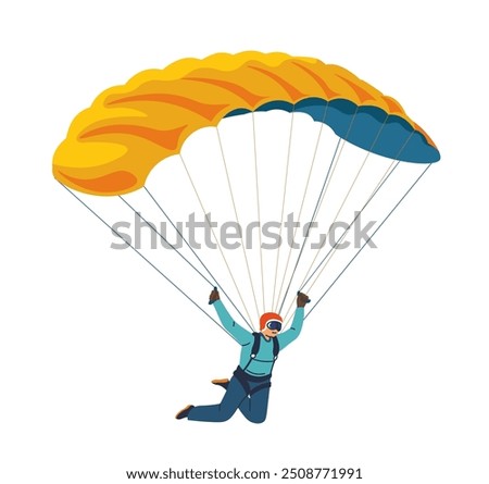 Skydiver descending with a yellow and blue parachute, isolated on a white background. Vector illustration suitable for adventure and sports designs.