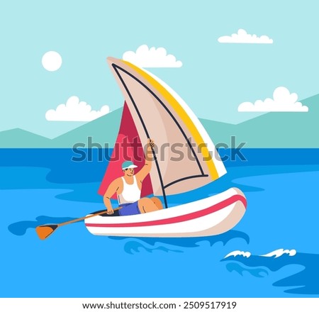 Vector illustration of a sailor navigating a small boat on the sea with a sail, in a flat design style. Depicts adventure and travel.