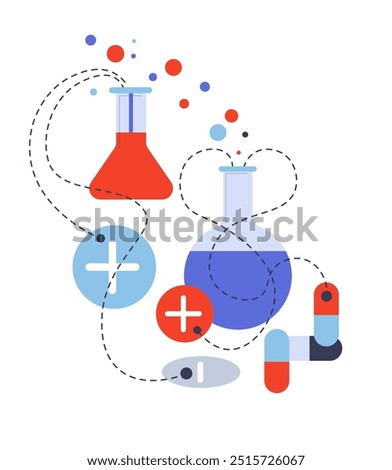 Vector illustration of two chemical flasks with floating pills and capsules. Flat, modern design isolated on white background. Great for pharmaceutical, medical, or scientific content.