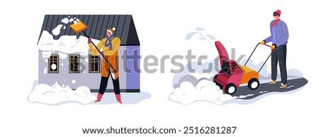 Vector illustration of a person clearing snow from the roof and a person using a snow blower on the sidewalk. Flat and colorful style, isolated on white background. Perfect for winter outdoor themes.