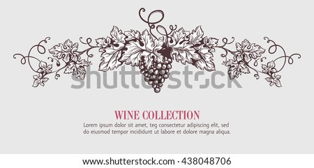 Wine grapes wreath template design. Vector illustration. Sketch style design. Handdrawn grapes.