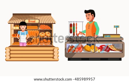 Set Of Sellers At The Counter And Stall. Collection Vector Shops In ...