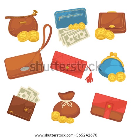 Icons set of wallets with money shopping. Purse with cash. Business and finance symbols. Vector illustration in cartoon style. Isolated on black background
