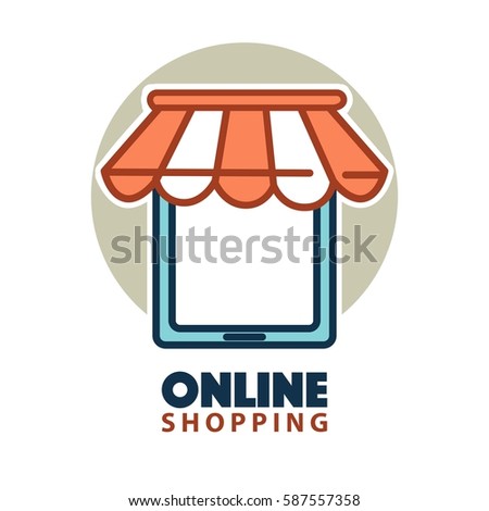 Online shopping logo design with a tablet under waterproof tent. Buy 24 hours day at any weather. Online shopping whole day long without stop. Ecommerce buying vector illustration logo in flat style