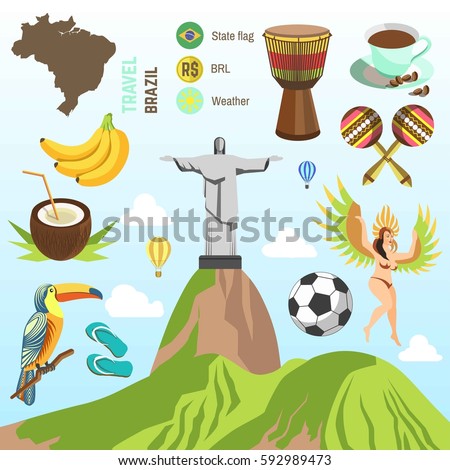 Brazil travel poster of famous Brazilian sightseeing and culture landmarks Vector symbols of Christ Redeemer statue in Rio de Janeiro samba carnival dancer drums, coffee and football, map and currency