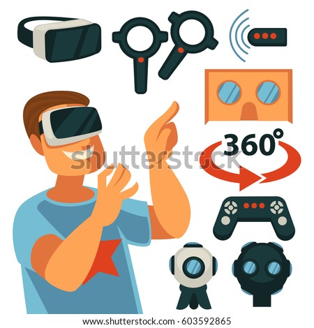 Virtual Reality or VR game devices and gadgets flat vector icons. Internet gamer in 3D cardboard glasses, gamepad controller joystick and wireless smartphone dongle for 360 degree user experience