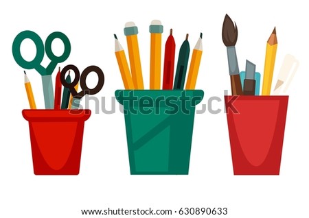 Home and office work stationery in cups vector flat icons