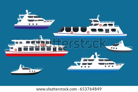 Passenger sea cruise liner ships, yachts marine transport boats vector flat icons