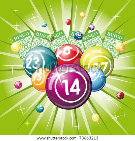 Bingo or lottery balls and cards on green background