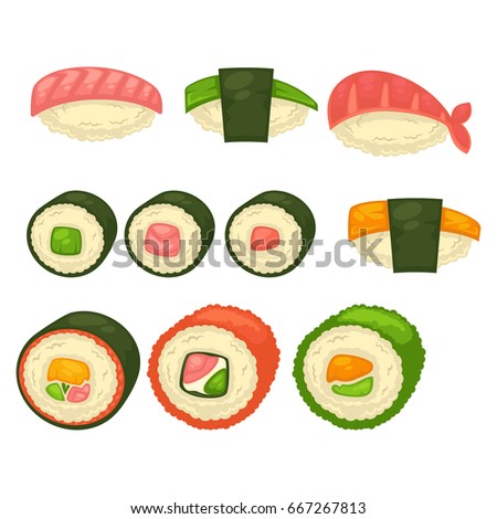 Big sushi and maci rolls isolated illustrations set