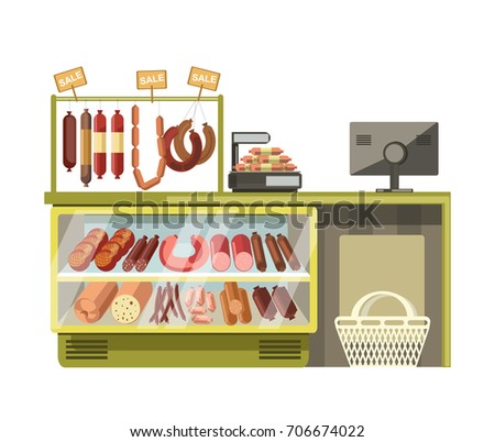 Butchery met sausages shop counter of supermarket store product vector flat display