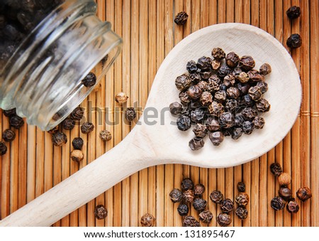 Pepper on wooden spoon on white background