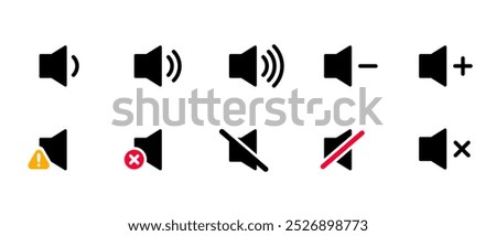 A set of volume control icons in flat design style, representing various audio states such as increasing, decreasing, muted, and sound warnings. Vector illustration.