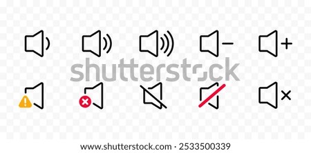 A set of volume control icons in flat design style, representing various audio states such as increasing, decreasing, muted, and sound warnings. Vector illustration.