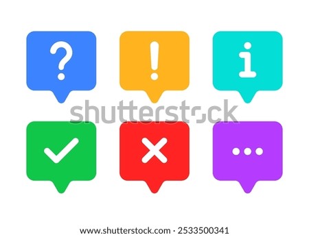 A set of six icons representing common interface symbols a question mark, exclamation mark, information symbol, check mark, cross mark, and three dots. Speech bubble.