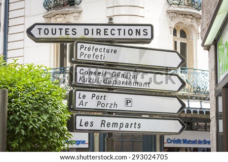VANNES, FRANCE Ã¢?? JULY 28, 2014: French road signs showing various directions