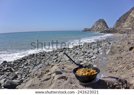Bowl with veggie, chicken and soft drink bottle at Thornhill beach near Point Mugu, Ventura, CA (focus on food)