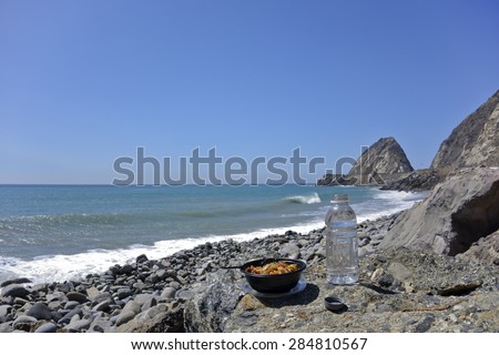 Bowl with veggie, chicken and soft drink bottle at Thornhill beach near Point Mugu, Ventura, CA (focus on food)