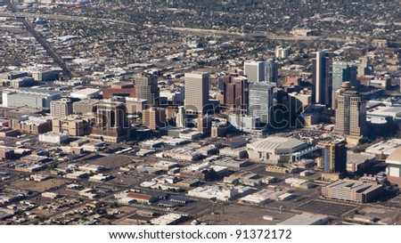 Arizona capital city of Phoenix; bird-eye view of downtown