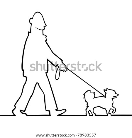 Black And White Illustration Of A Man Walking With His Dog. - 78983557 ...