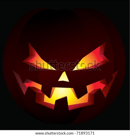 Illustration of a carved halloween pumpkin, also known as a jack-o'-lantern, illuminated from within.