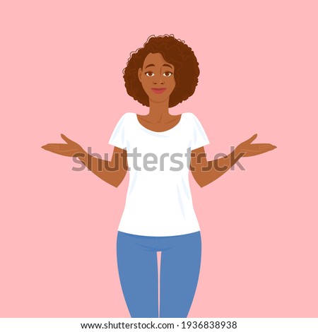 Emotions. Pretty young black woman in casual clothes with hair in Afro style shrugs in confusion. Suitable for animation