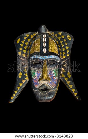 Traditional african mask, handmade from wood, shells, painted ,looks very old