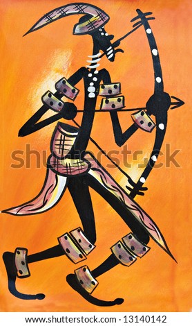 African traditional painting representing a warrior with a bow