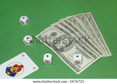 Dice poker with jolly and dollar bills on a casino table background