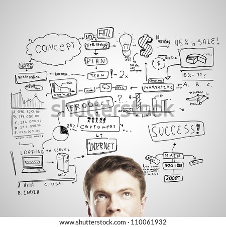 pensive young man with business plan concept