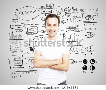 smiling man in white tshirt and business concept background