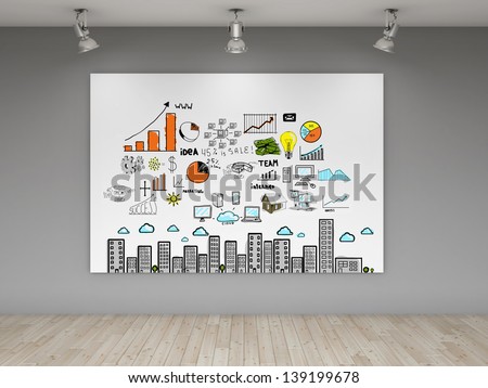 three lamps and poster with business concept on wall