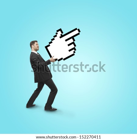 businessman holding pointer in hand  on a blue background