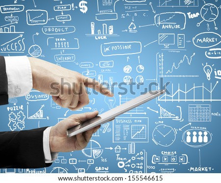 hands pushing touch pad and drawing business concept