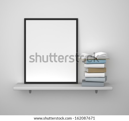 shelf with frame and book on a gray wall