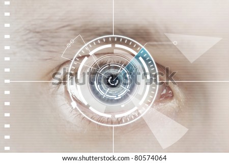 Technology scan man\'s eye for security or identification. Eye with scanner and computer interface